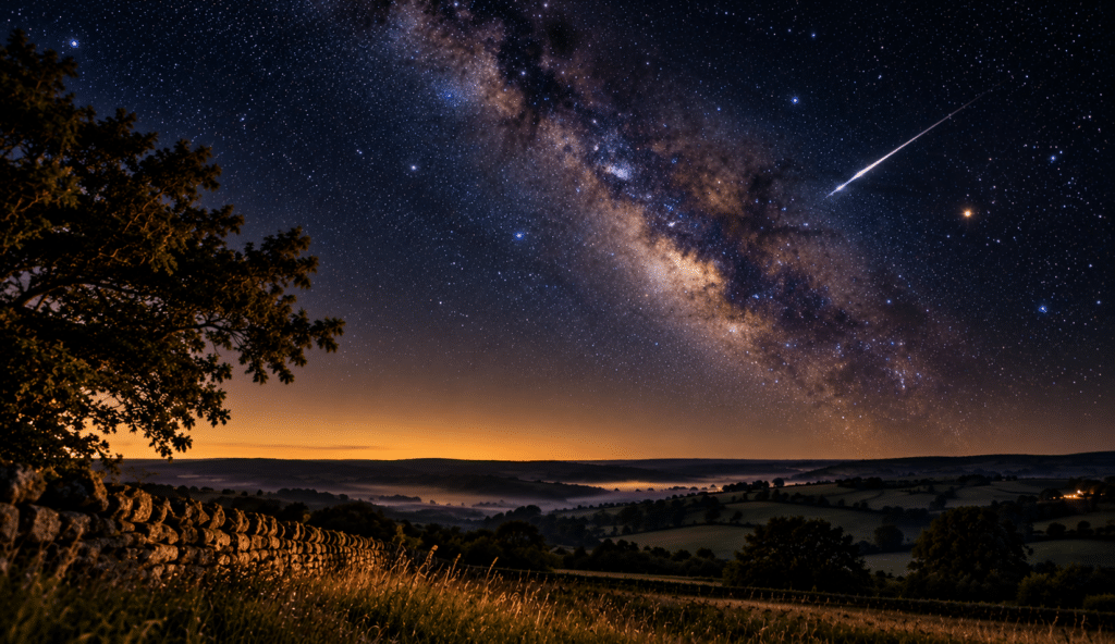 A spectacular shooting star streaks across a dark, star-filled night sky above peaceful countryside, capturing the beauty of October's meteor showers away from city lights.