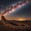 Desert Staircase stone sculpture in Chile’s Atacama Desert, beneath a spectacular star-filled night sky with the Milky Way stretching diagonally overhead.