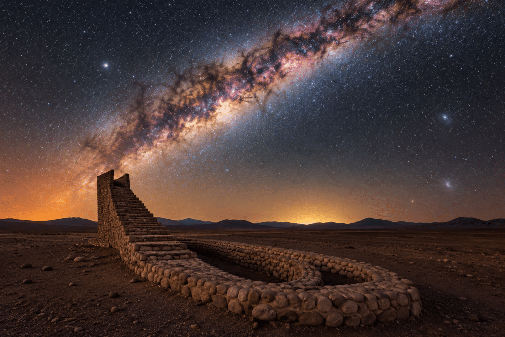 Desert Staircase stone sculpture in Chile’s Atacama Desert, beneath a spectacular star-filled night sky with the Milky Way stretching diagonally overhead.