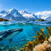 Norwegian flag above a dramatic fjord with snow-covered mountains, while a whale swims among kelp, coral and fish beneath the water.