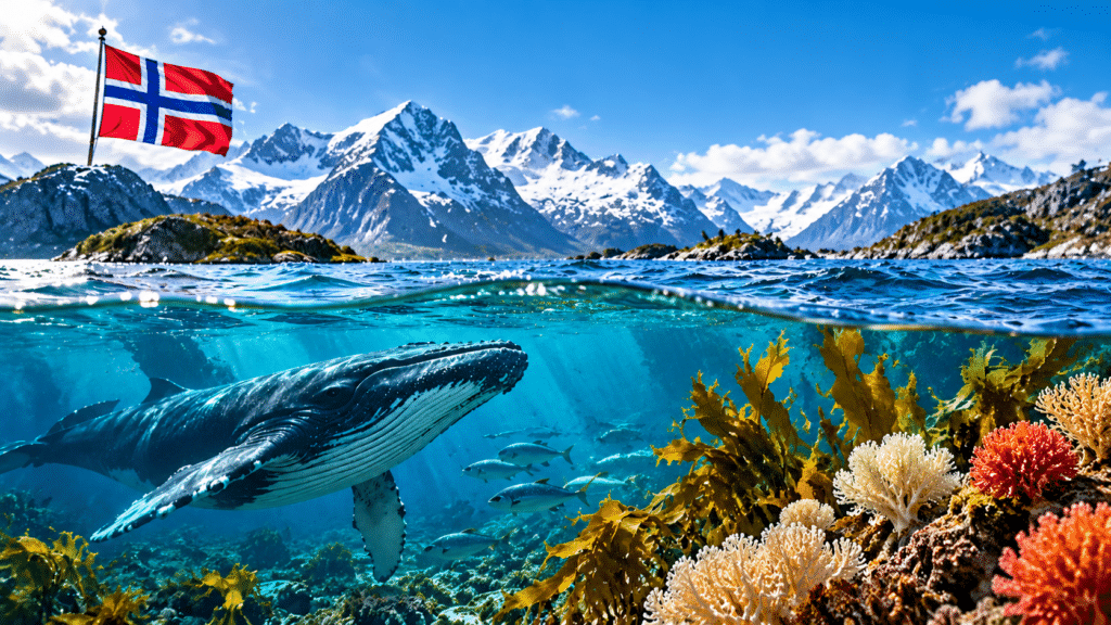 Norwegian flag above a dramatic fjord with snow-covered mountains, while a whale swims among kelp, coral and fish beneath the water.