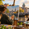 Irish artist painting a Dublin riverside scene, with euro banknotes and coins symbolising Ireland's Basic Income for the Arts scheme.