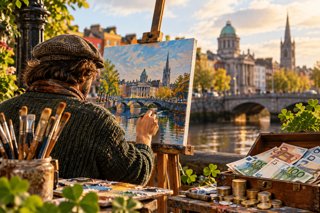 Irish artist painting a Dublin riverside scene, with euro banknotes and coins symbolising Ireland's Basic Income for the Arts scheme.