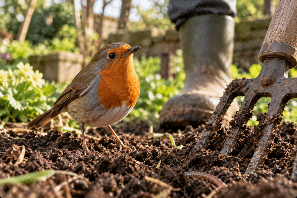 A European robin with a bright orange-red breast stands on freshly turned garden soil beside a muddy garden fork and Wellington boot, searching for food in the garden.