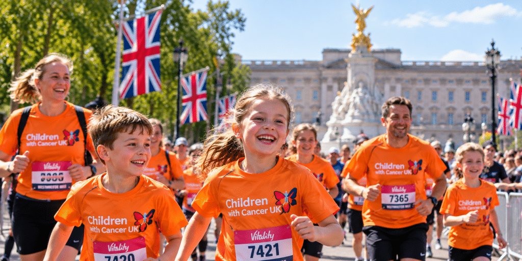 Children and families wearing orange Children with Cancer UK shirts take part in the Westminster Mile in London, with Buckingham Palace behind them.