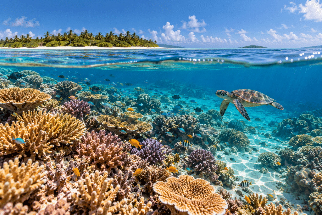 A sea turtle swims above a colourful coral reef teeming with tropical fish, beneath clear turquoise waters beside a palm-fringed tropical island.