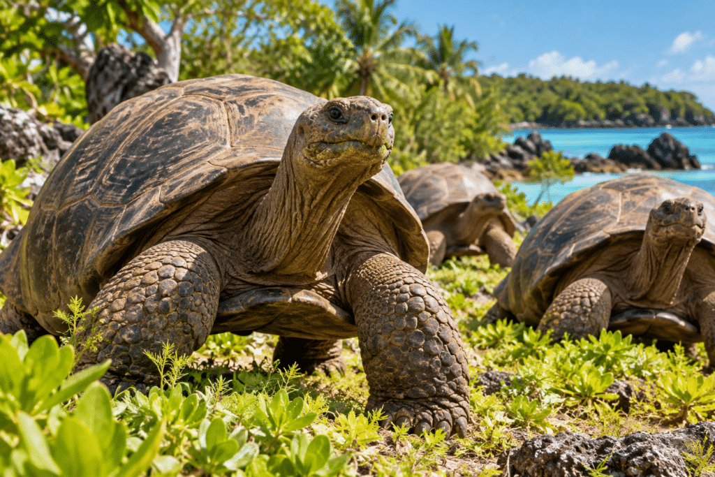 Aldabra giant tortoises roaming through lush tropical vegetation beside the turquoise waters of a remote Indian Ocean island.