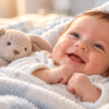 Smiling baby wrapped in a soft blanket beside a cuddly toy, illustrating the story of pioneering surgery performed before birth