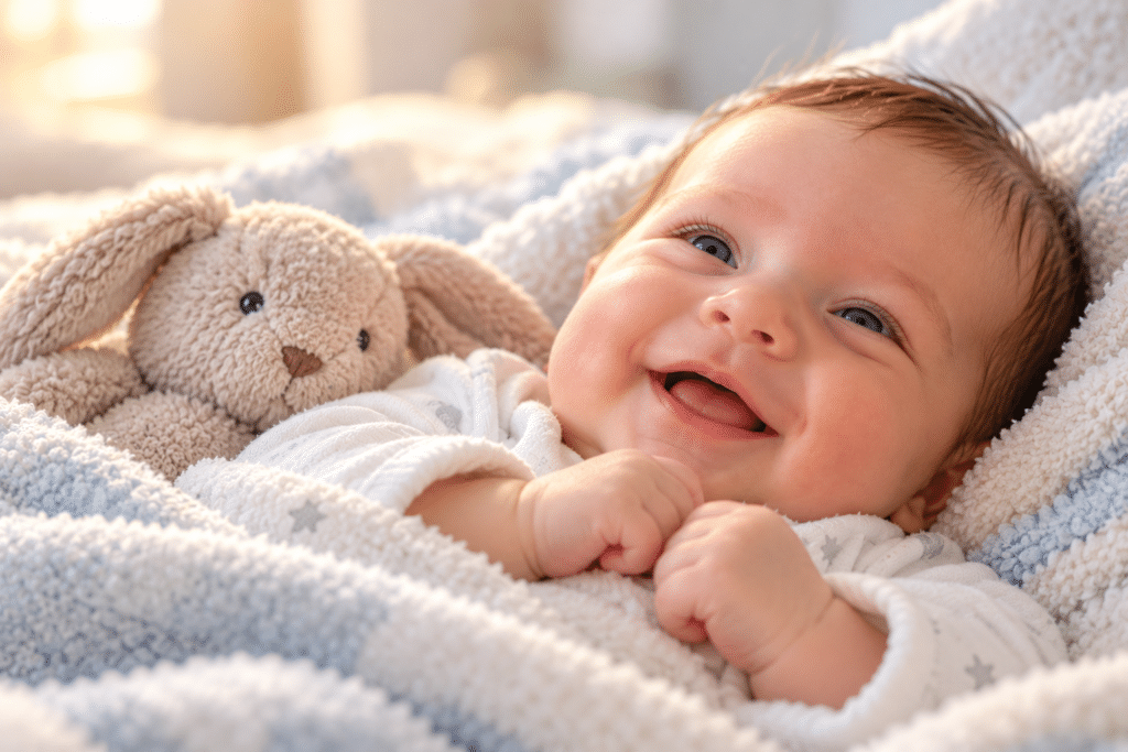 Smiling baby wrapped in a soft blanket beside a cuddly toy, illustrating the story of pioneering surgery performed before birth