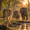 A Bengal tiger walks through a sunlit forest clearing, with a herd of elephants in the background beside a watering hole.