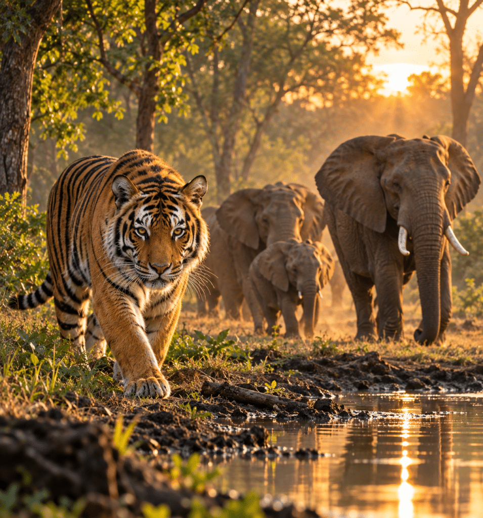 A Bengal tiger walks through a sunlit forest clearing, with a herd of elephants in the background beside a watering hole.
