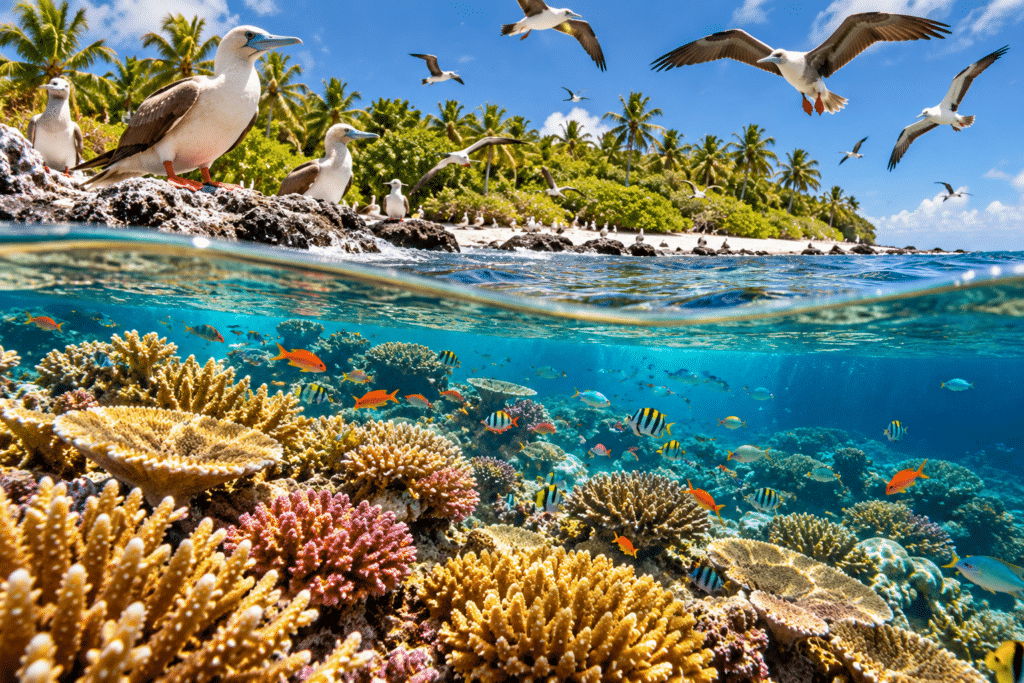 Seabirds gather on a tropical island above a vibrant coral reef teeming with colourful fish, illustrating how bird droppings help restore marine ecosystems at Palmyra Atoll.