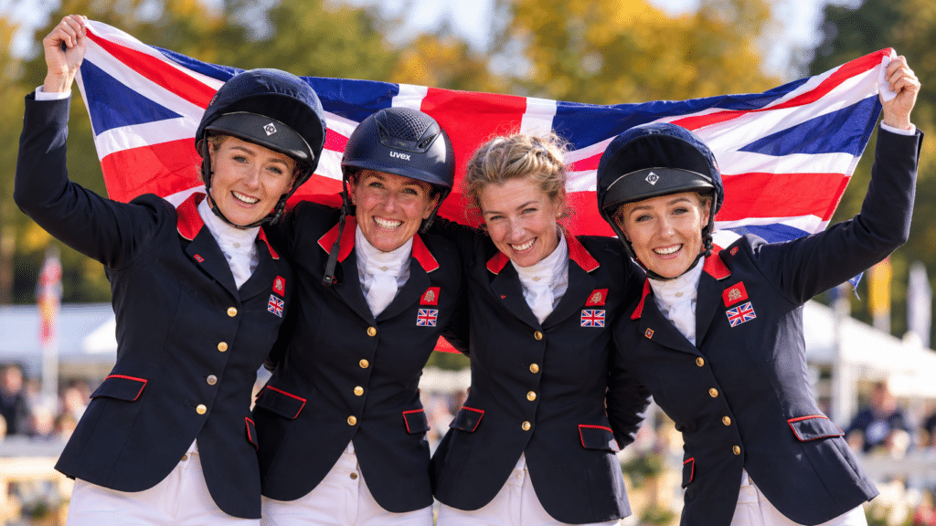 Great Britain’s four-rider eventing team celebrating together after winning the inaugural FEI Eventing Nations Cup Final at Boekelo.