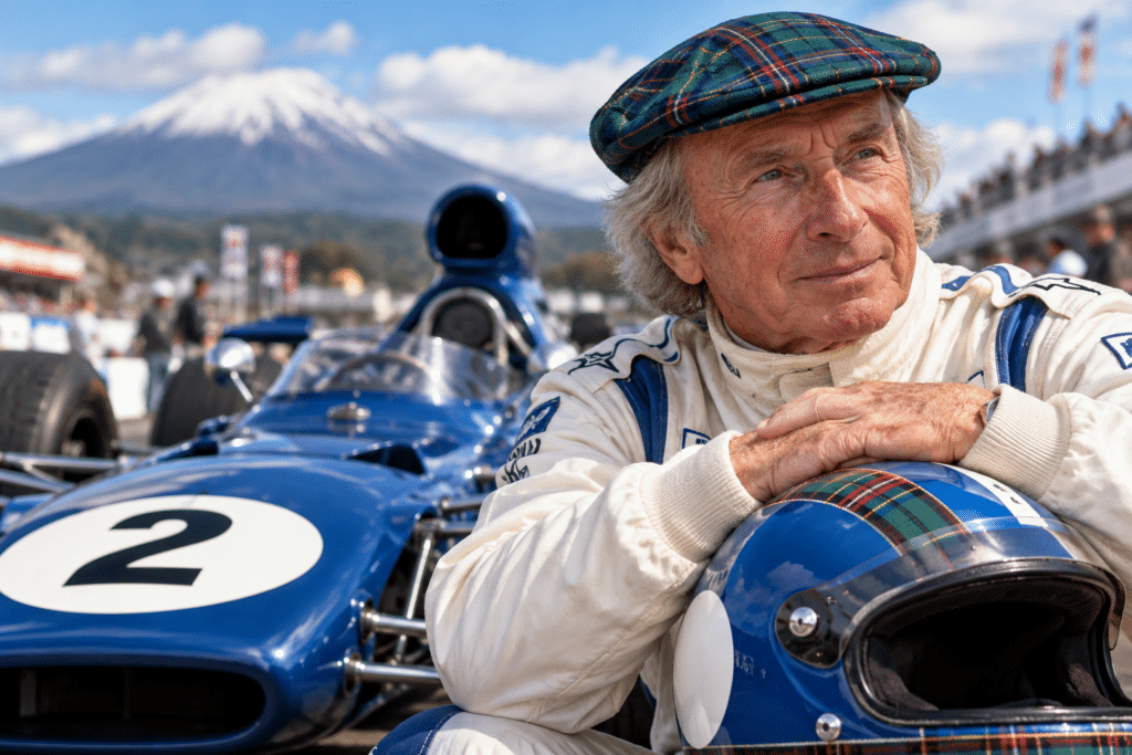 Sir Jackie Stewart-inspired racing portrait beside a classic blue Formula 1 car, wearing a tartan cap and resting his hands on a racing helmet, with Mount Fuji in the background.