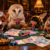 A puffin, barn owl, bumblebee and hedgehog play poker around a green felt table, surrounded by British banknotes and colourful chips.