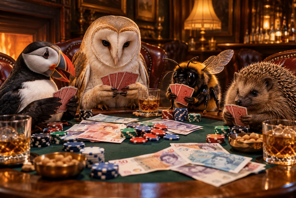 A puffin, barn owl, bumblebee and hedgehog play poker around a green felt table, surrounded by British banknotes and colourful chips.