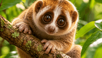 An adorable slow loris with enormous brown eyes and soft golden-brown fur clings to a moss-covered branch, surrounded by lush green tropical foliage.