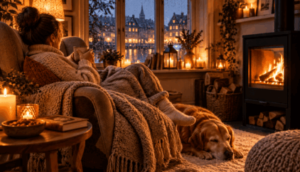 A woman wrapped in a cosy knitted blanket enjoys a warm drink beside a crackling wood-burning stove, while a golden retriever sleeps peacefully at her feet. Soft candlelight and rain-speckled windows capture the Danish concept of hygge, bringing warmth and comfort to a cold autumn evening.