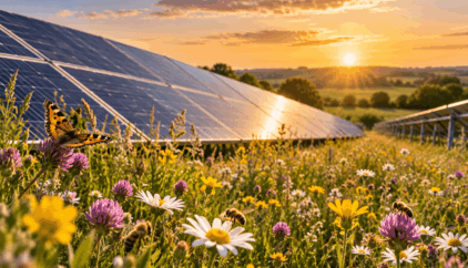 Solar panels surrounded by colourful wildflowers, with butterflies and bees feeding among the blooms as the sun sets over the countryside.