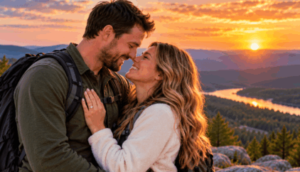 A couple embrace on a scenic mountain overlook at sunset, smiling together against a golden sky and forested valley, symbolising love, survival and second chances.