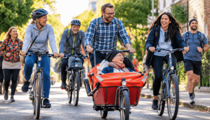 Smiling volunteers cycling and jogging together on a sunlit street, with an elderly woman enjoying a ride in a cargo bike, highlighting the benefits of exercise, volunteering and community connection.