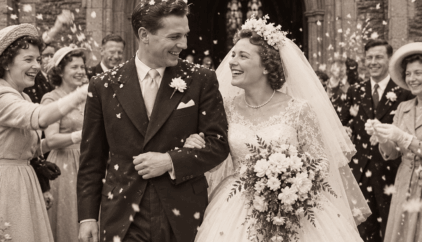 AI-generated vintage-style photograph of a smiling 1950s bride and groom leaving a stone church, surrounded by joyful wedding guests throwing confetti.